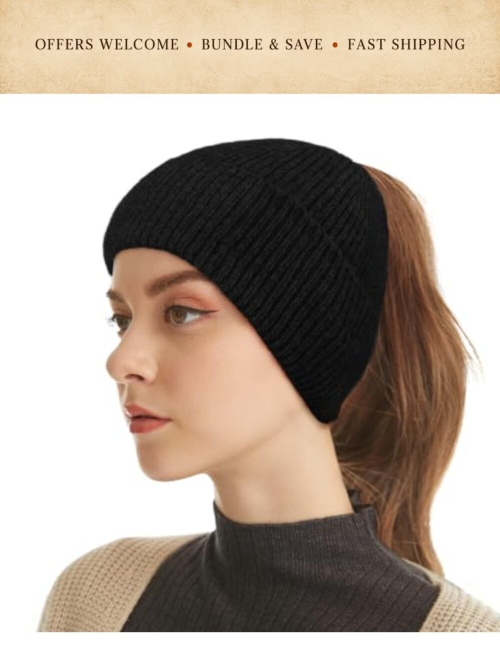 Ponytail Beanie Women Winter Knitted Hat Messy Bun Acrylic